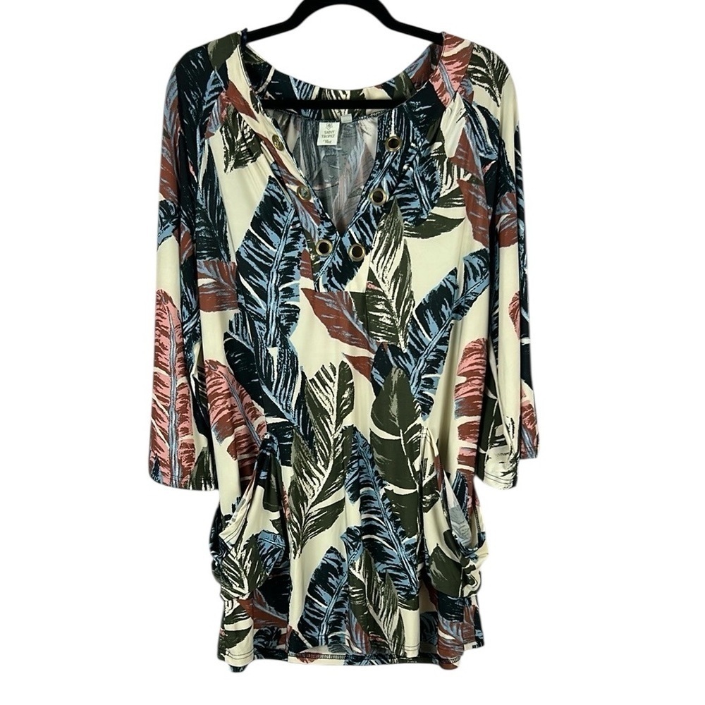 Saint Tropez West Tropical Boho Long Sleeve Pockets V Neckline Mini Dress Large